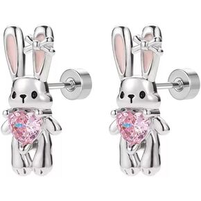 20g Rabbit Pink Heart CZ Flat Screw Back Small Stud Earrings for Women Titanium Steel Silver Plated Cute Sparkly Crystal Enamel Bow Bunny Lovely Animal Tragus Helix Piercing Studs Easter Jewelry in Kuwait