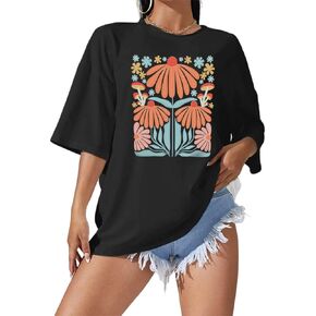 Oversized Floral Shirts for Women Flower Graphic Tees Vintage Flower T-Shirt Summer Plant Hiking Tops Black in Kuwait