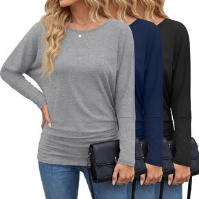 3 Pack Women's Dolman Sleeve Tops Casual Long Sleeve Flowy Side Ruched Shirts Round Neck Bat Wing Draped Basic Tee in Kuwait