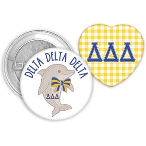 Delta Delta Delta Button Set, Tri Delta Sorority Spirit Bundle with Dolphin Design & Yellow Gingham Heart Letters, 2-Piece Bid Day Gift for Big Little in Kuwait