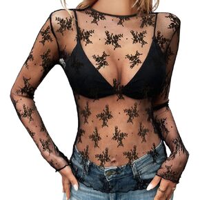 Mesh Top Women Long Sleeve Crewneck Sexy Lace Sheer Shirts Party Club Night See Through Blouses in Kuwait