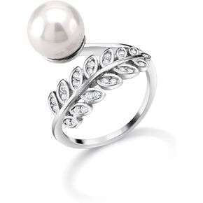925 Sterling Silver Pearl Leaf Ring with AAA Cubic Zirconia, 9mm Seashell Pearl, Adjustable Fern Design Ring for Women, Wedding Party Jewelry in Saudi Arabia