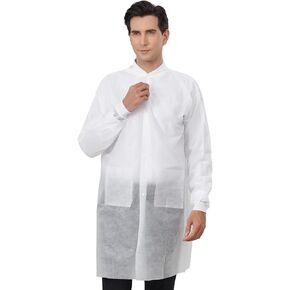 Greenour Case of 50-100 Disposable Lab Coats for Adult with Knitted Cuffs and Collar, 3 Pockets White Long Sleeves Jacket in Saudi Arabia