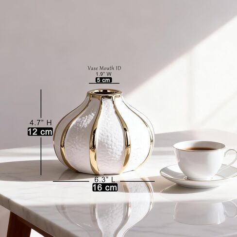 White Gold Home Decor Vase, Round White Bud Ceramic Vase for Flower Decoration, Luxury Home Decoration, Living Room Decoration, Dining Table Centerpiece (E-White) in Kuwait