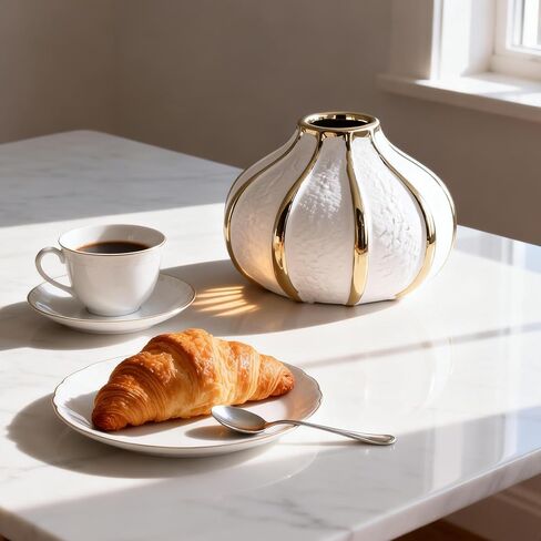 White Gold Home Decor Vase, Round White Bud Ceramic Vase for Flower Decoration, Luxury Home Decoration, Living Room Decoration, Dining Table Centerpiece (E-White) in Kuwait