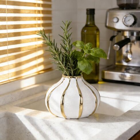 White Gold Home Decor Vase, Round White Bud Ceramic Vase for Flower Decoration, Luxury Home Decoration, Living Room Decoration, Dining Table Centerpiece (E-White) in Kuwait