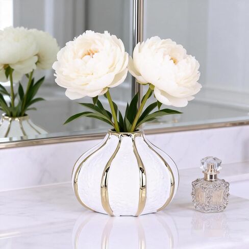 White Gold Home Decor Vase, Round White Bud Ceramic Vase for Flower Decoration, Luxury Home Decoration, Living Room Decoration, Dining Table Centerpiece (E-White) in Kuwait