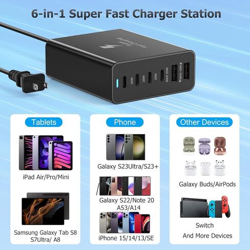 USB C Charger Block, Costyle 125W 6 Port Super Fast Charger Type C Charging Station Multiport USB C Wall Charger Hub Compatible Samsung Galaxy S23 S24Ultra/S23+/S22/S21/Z Fold Flip 5/4,Tab S9/S8/A9+ in Kuwait