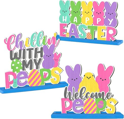 3Pcs Happy Easter Table Sign Decoration Wooden Bunny Bunny Tabletop Centerpiece Chillin with My Bunny Easter Table Topper Spring Party Bunny Sign for Home Office Easter Holiday Party Table Supplies in Saudi Arabia