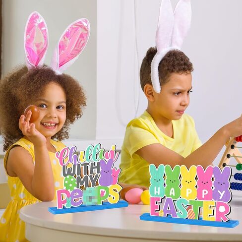 3Pcs Happy Easter Table Sign Decoration Wooden Bunny Bunny Tabletop Centerpiece Chillin with My Bunny Easter Table Topper Spring Party Bunny Sign for Home Office Easter Holiday Party Table Supplies in Saudi Arabia