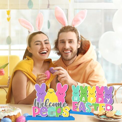 3Pcs Happy Easter Table Sign Decoration Wooden Bunny Bunny Tabletop Centerpiece Chillin with My Bunny Easter Table Topper Spring Party Bunny Sign for Home Office Easter Holiday Party Table Supplies in Saudi Arabia
