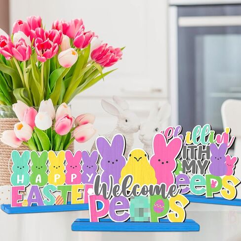 3Pcs Happy Easter Table Sign Decoration Wooden Bunny Bunny Tabletop Centerpiece Chillin with My Bunny Easter Table Topper Spring Party Bunny Sign for Home Office Easter Holiday Party Table Supplies in Saudi Arabia
