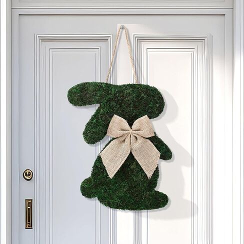 Amyhill Easter Moss Bunny Wreath for Front Door Fake Moss Bunny Sign Hanging Wooden Wreath with Burlap Bow for Spring Porch Wall Home Farmhouse Indoor Outdoor Decor in Saudi Arabia