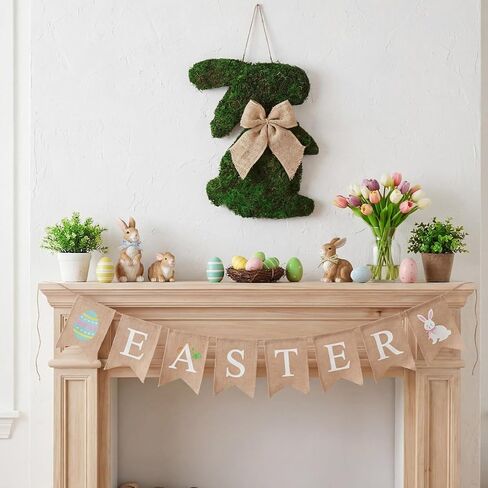 Amyhill Easter Moss Bunny Wreath for Front Door Fake Moss Bunny Sign Hanging Wooden Wreath with Burlap Bow for Spring Porch Wall Home Farmhouse Indoor Outdoor Decor in Saudi Arabia