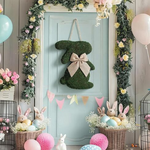 Amyhill Easter Moss Bunny Wreath for Front Door Fake Moss Bunny Sign Hanging Wooden Wreath with Burlap Bow for Spring Porch Wall Home Farmhouse Indoor Outdoor Decor in Saudi Arabia