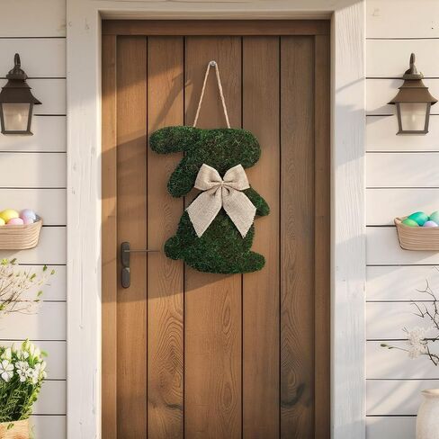 Amyhill Easter Moss Bunny Wreath for Front Door Fake Moss Bunny Sign Hanging Wooden Wreath with Burlap Bow for Spring Porch Wall Home Farmhouse Indoor Outdoor Decor in Saudi Arabia