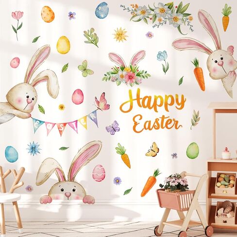 39.5 x 39.4 Inch Easter Rabbit Wall Decal Decoration Happy Bunny Wall Stickers Cute Spring Easter Room Door Stickers for Spring Home Office School Party Wall Window Decoration in Saudi Arabia