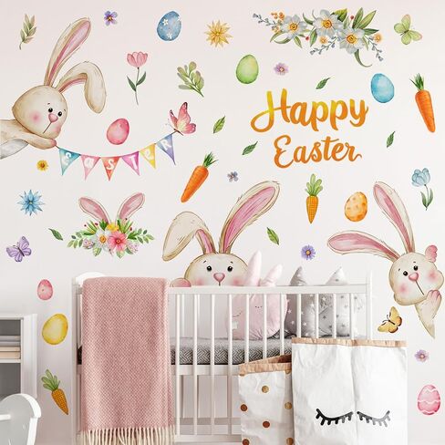 39.5 x 39.4 Inch Easter Rabbit Wall Decal Decoration Happy Bunny Wall Stickers Cute Spring Easter Room Door Stickers for Spring Home Office School Party Wall Window Decoration in Saudi Arabia