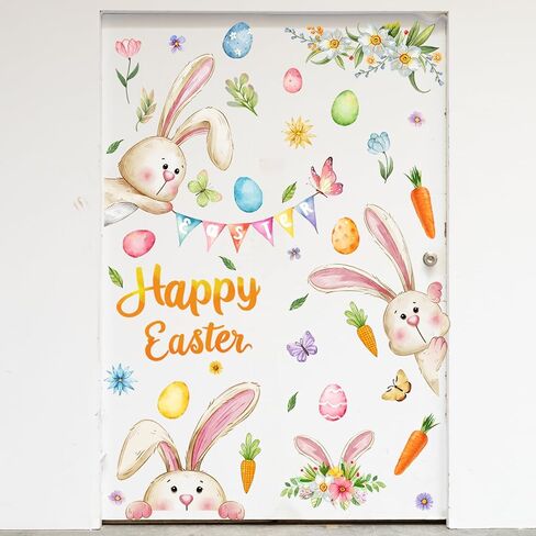 39.5 x 39.4 Inch Easter Rabbit Wall Decal Decoration Happy Bunny Wall Stickers Cute Spring Easter Room Door Stickers for Spring Home Office School Party Wall Window Decoration in Saudi Arabia