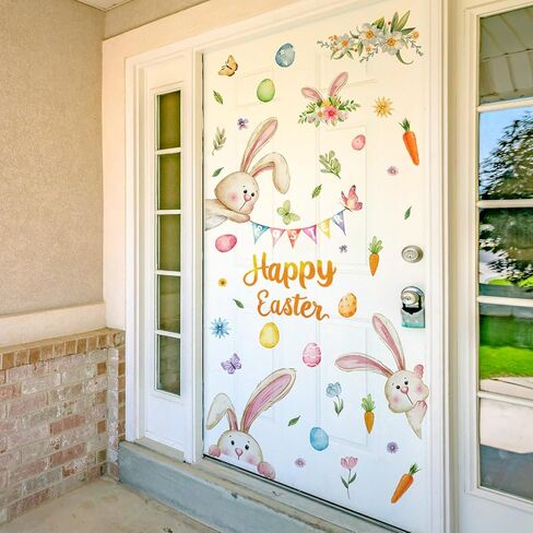 39.5 x 39.4 Inch Easter Rabbit Wall Decal Decoration Happy Bunny Wall Stickers Cute Spring Easter Room Door Stickers for Spring Home Office School Party Wall Window Decoration in Saudi Arabia