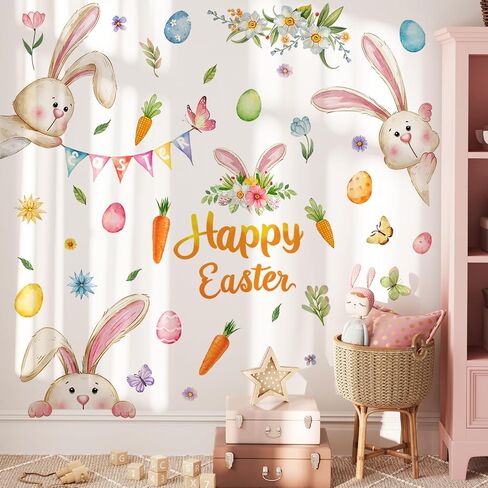 39.5 x 39.4 Inch Easter Rabbit Wall Decal Decoration Happy Bunny Wall Stickers Cute Spring Easter Room Door Stickers for Spring Home Office School Party Wall Window Decoration in Saudi Arabia