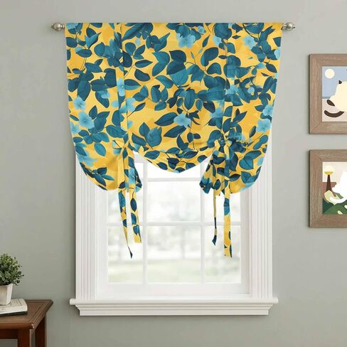 Flower Leaf Tie Up Curtains for Window, Country Pastoral Floral Botanical Plant Thermal Insulated Balloon Shade Adjustable Rod Pocket Curtains Valance Panels for Kitchen Bathroom Café 46'' x 63'' in Saudi Arabia