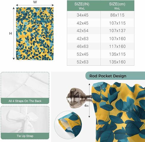 Flower Leaf Tie Up Curtains for Window, Country Pastoral Floral Botanical Plant Thermal Insulated Balloon Shade Adjustable Rod Pocket Curtains Valance Panels for Kitchen Bathroom Café 46'' x 63'' in Saudi Arabia