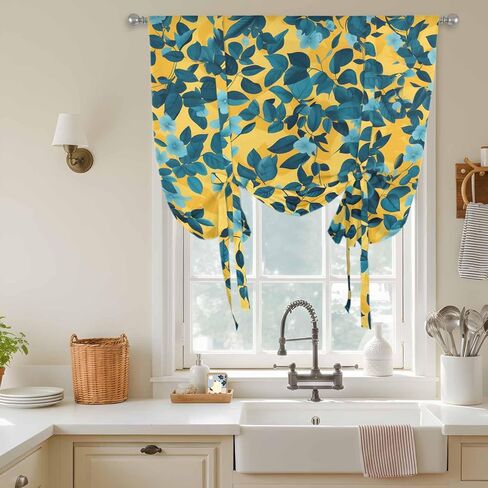 Flower Leaf Tie Up Curtains for Window, Country Pastoral Floral Botanical Plant Thermal Insulated Balloon Shade Adjustable Rod Pocket Curtains Valance Panels for Kitchen Bathroom Café 46'' x 63'' in Saudi Arabia