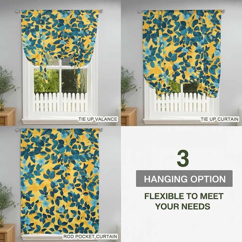 Flower Leaf Tie Up Curtains for Window, Country Pastoral Floral Botanical Plant Thermal Insulated Balloon Shade Adjustable Rod Pocket Curtains Valance Panels for Kitchen Bathroom Café 46'' x 63'' in Saudi Arabia