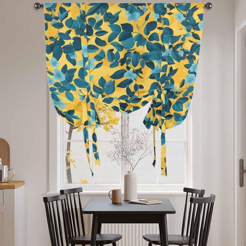 Flower Leaf Tie Up Curtains for Window, Country Pastoral Floral Botanical Plant Thermal Insulated Balloon Shade Adjustable Rod Pocket Curtains Valance Panels for Kitchen Bathroom Café 46'' x 63'' in Saudi Arabia