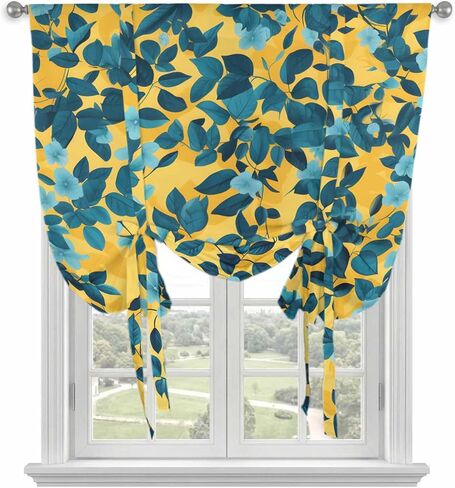 Flower Leaf Tie Up Curtains for Window, Country Pastoral Floral Botanical Plant Thermal Insulated Balloon Shade Adjustable Rod Pocket Curtains Valance Panels for Kitchen Bathroom Café 46'' x 63'' in Saudi Arabia