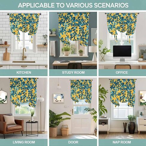 Flower Leaf Tie Up Curtains for Window, Country Pastoral Floral Botanical Plant Thermal Insulated Balloon Shade Adjustable Rod Pocket Curtains Valance Panels for Kitchen Bathroom Café 46'' x 63'' in Saudi Arabia
