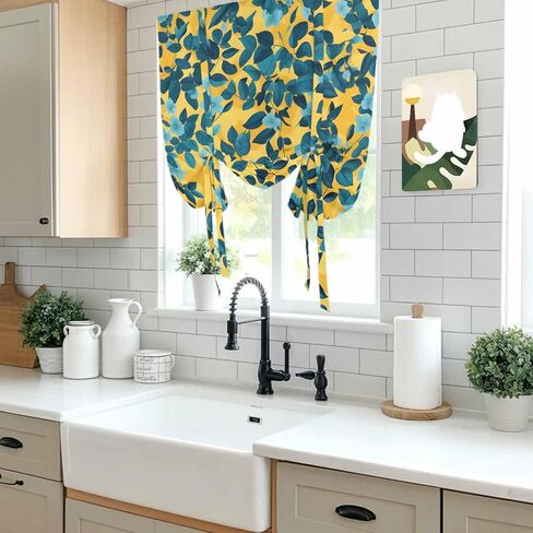 Flower Leaf Tie Up Curtains for Window, Country Pastoral Floral Botanical Plant Thermal Insulated Balloon Shade Adjustable Rod Pocket Curtains Valance Panels for Kitchen Bathroom Café 46'' x 63'' in Saudi Arabia