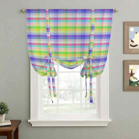 Slate Blue Plaid Tie Up Curtains for Window, Colorful Vintage Check Farmhouse Thermal Insulated Balloon Shade Adjustable Rod Pocket Curtains Valance Panels for Kitchen Bathroom Café 42'' x 45'' in Saudi Arabia