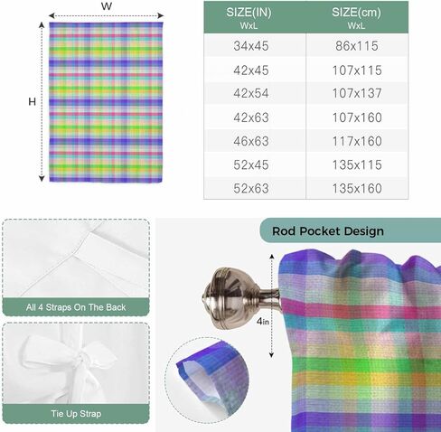 Slate Blue Plaid Tie Up Curtains for Window, Colorful Vintage Check Farmhouse Thermal Insulated Balloon Shade Adjustable Rod Pocket Curtains Valance Panels for Kitchen Bathroom Café 42'' x 45'' in Saudi Arabia