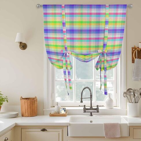 Slate Blue Plaid Tie Up Curtains for Window, Colorful Vintage Check Farmhouse Thermal Insulated Balloon Shade Adjustable Rod Pocket Curtains Valance Panels for Kitchen Bathroom Café 42'' x 45'' in Saudi Arabia