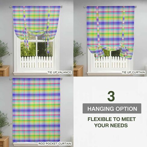 Slate Blue Plaid Tie Up Curtains for Window, Colorful Vintage Check Farmhouse Thermal Insulated Balloon Shade Adjustable Rod Pocket Curtains Valance Panels for Kitchen Bathroom Café 42'' x 45'' in Saudi Arabia