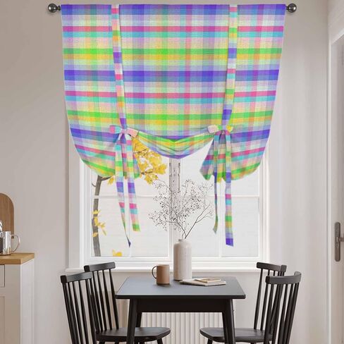 Slate Blue Plaid Tie Up Curtains for Window, Colorful Vintage Check Farmhouse Thermal Insulated Balloon Shade Adjustable Rod Pocket Curtains Valance Panels for Kitchen Bathroom Café 42'' x 45'' in Saudi Arabia