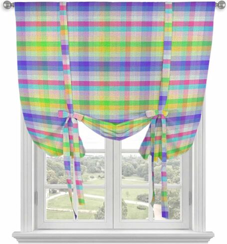 Slate Blue Plaid Tie Up Curtains for Window, Colorful Vintage Check Farmhouse Thermal Insulated Balloon Shade Adjustable Rod Pocket Curtains Valance Panels for Kitchen Bathroom Café 42'' x 45'' in Saudi Arabia
