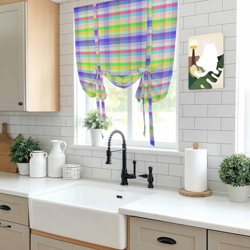 Slate Blue Plaid Tie Up Curtains for Window, Colorful Vintage Check Farmhouse Thermal Insulated Balloon Shade Adjustable Rod Pocket Curtains Valance Panels for Kitchen Bathroom Café 42'' x 45'' in Saudi Arabia