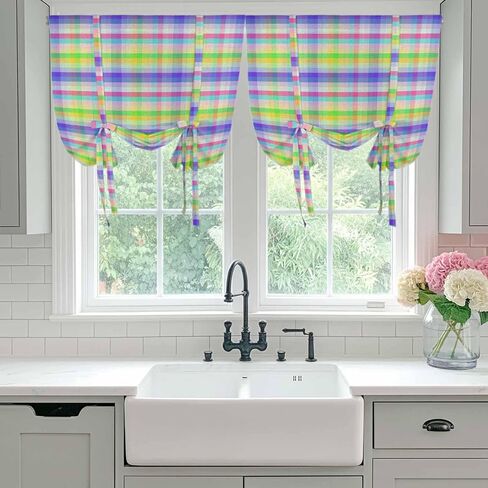 Slate Blue Plaid Tie Up Curtains for Window, Colorful Vintage Check Farmhouse Thermal Insulated Balloon Shade Adjustable Rod Pocket Curtains Valance Panels for Kitchen Bathroom Café 42'' x 45'' in Saudi Arabia