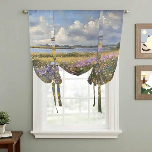 Spring Floral Tie Up Curtains for Window, Pastoral Flowers Oil Painting Thermal Insulated Balloon Shade Adjustable Rod Pocket Curtains Valance Panels for Kitchen Bathroom Café 46'' x 63'' in Saudi Arabia