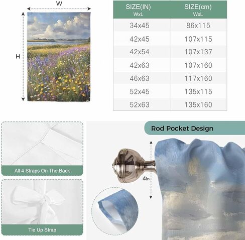 Spring Floral Tie Up Curtains for Window, Pastoral Flowers Oil Painting Thermal Insulated Balloon Shade Adjustable Rod Pocket Curtains Valance Panels for Kitchen Bathroom Café 46'' x 63'' in Saudi Arabia