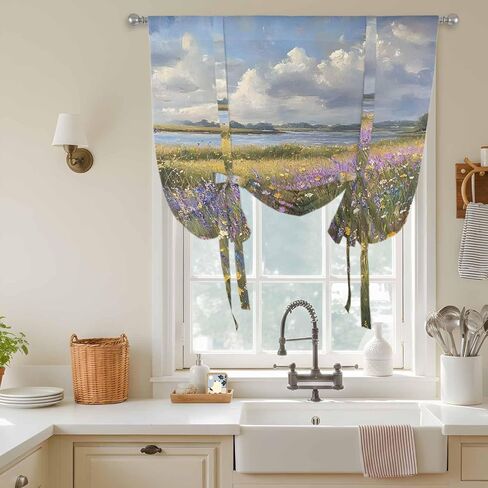 Spring Floral Tie Up Curtains for Window, Pastoral Flowers Oil Painting Thermal Insulated Balloon Shade Adjustable Rod Pocket Curtains Valance Panels for Kitchen Bathroom Café 46'' x 63'' in Saudi Arabia