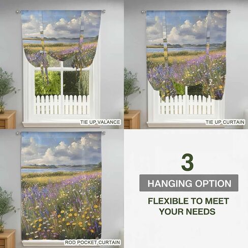 Spring Floral Tie Up Curtains for Window, Pastoral Flowers Oil Painting Thermal Insulated Balloon Shade Adjustable Rod Pocket Curtains Valance Panels for Kitchen Bathroom Café 46'' x 63'' in Saudi Arabia