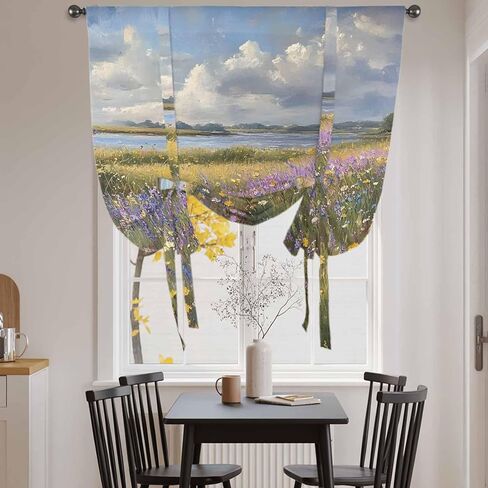 Spring Floral Tie Up Curtains for Window, Pastoral Flowers Oil Painting Thermal Insulated Balloon Shade Adjustable Rod Pocket Curtains Valance Panels for Kitchen Bathroom Café 46'' x 63'' in Saudi Arabia