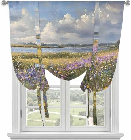 Spring Floral Tie Up Curtains for Window, Pastoral Flowers Oil Painting Thermal Insulated Balloon Shade Adjustable Rod Pocket Curtains Valance Panels for Kitchen Bathroom Café 46'' x 63'' in Saudi Arabia