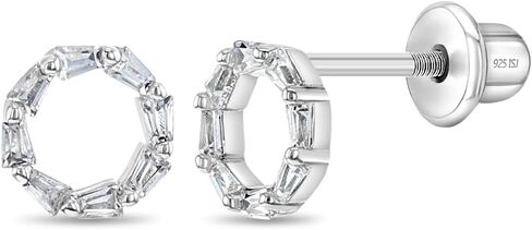 925 Sterling Silver Round Open Work Safety Screw Back Earrings With Baguette Cubic Zirconia Stones - Gleaming Round Earrings For Younger Girls in Saudi Arabia