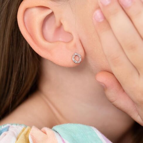 925 Sterling Silver Round Open Work Safety Screw Back Earrings With Baguette Cubic Zirconia Stones - Gleaming Round Earrings For Younger Girls in Saudi Arabia