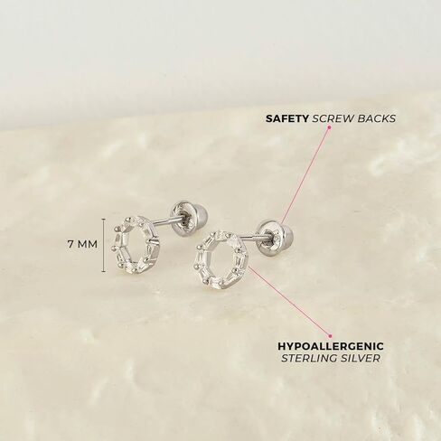 925 Sterling Silver Round Open Work Safety Screw Back Earrings With Baguette Cubic Zirconia Stones - Gleaming Round Earrings For Younger Girls in Saudi Arabia